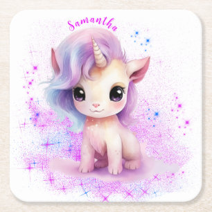 Personalised Unicorn Design Square Paper Coaster