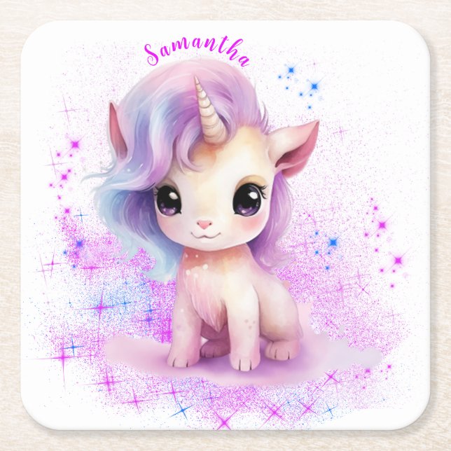Personalised Unicorn Design Square Paper Coaster (Front)