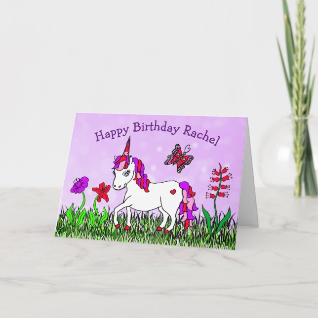 Personalised Unicorn, Flowers, Butterfly Birthday Card (Front)