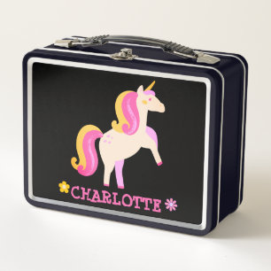 Personalised Unicorn Flowers Pink Metal Lunch Box