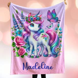 Personalised Unicorn Gift Custom Name Pink Purple Fleece Blanket
