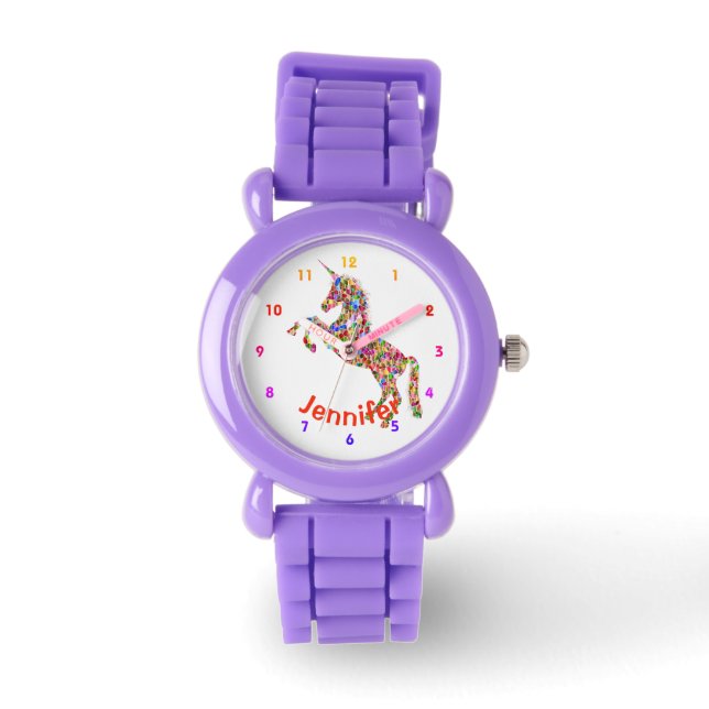 Personalised UNICORN Girls watch RED GLITTER (Front)
