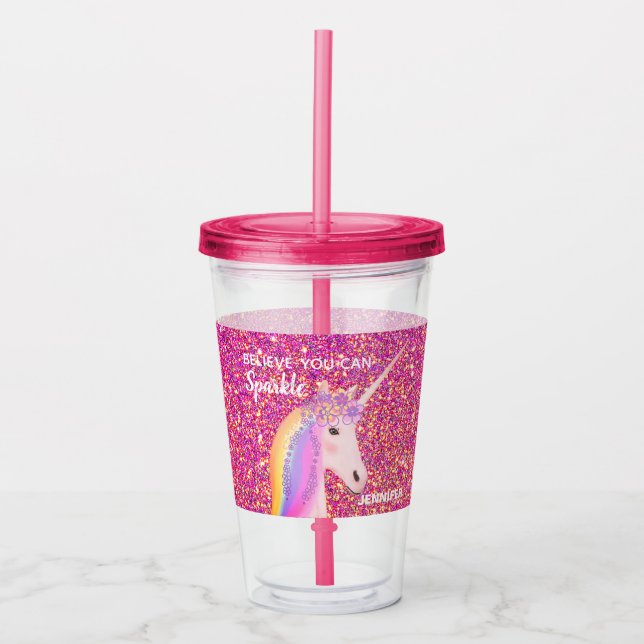 Personalised Unicorn Girly Pink Glitter Sparkle Acrylic Tumbler (Front)