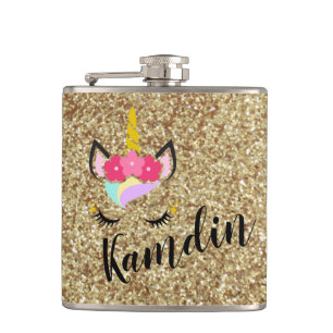 Personalised Unicorn Gold Glitter Flask