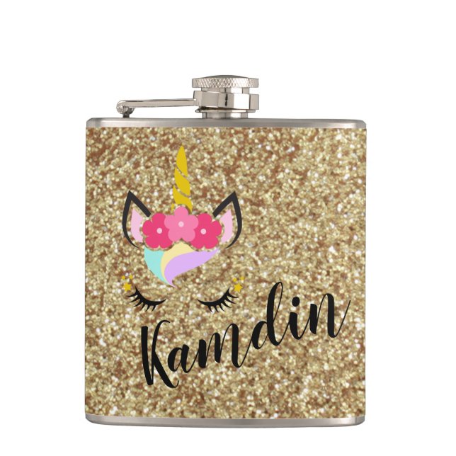 Personalised Unicorn Gold Glitter Flask (Front)