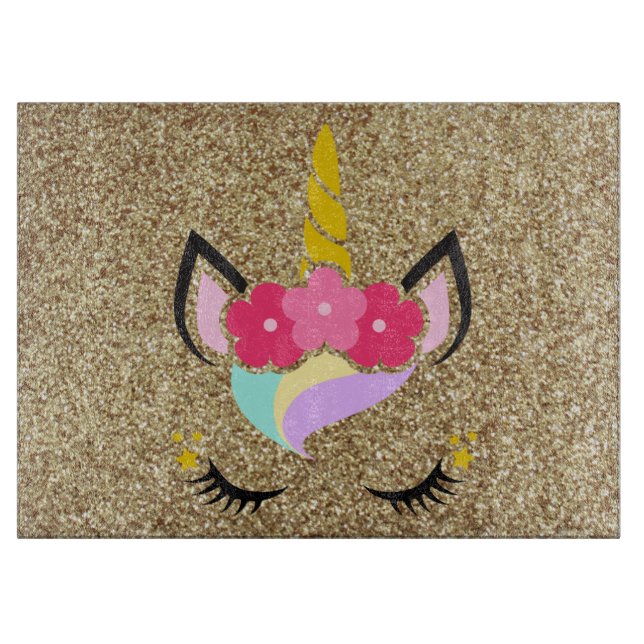 Personalised Unicorn Gold Glitter Glass Cutting Cutting Board (Front)