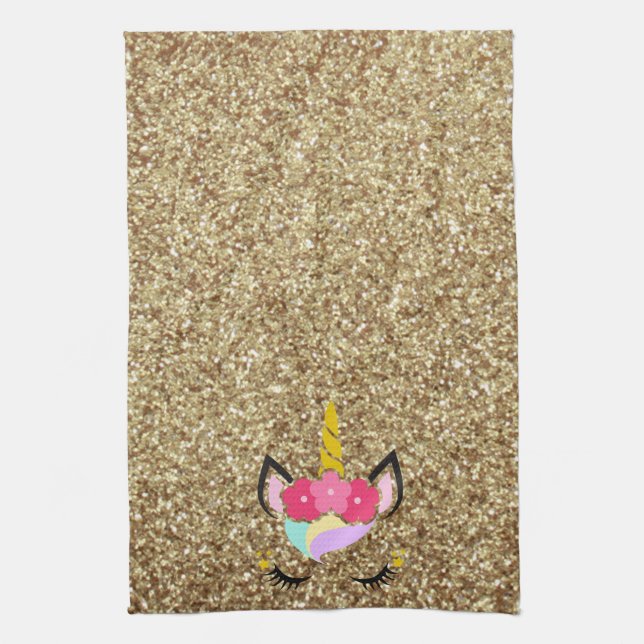 Personalised Unicorn Gold Glitter Kitchen Towel (Vertical)