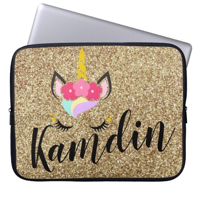Personalised Unicorn Gold Glitter Laptop Case (Front)