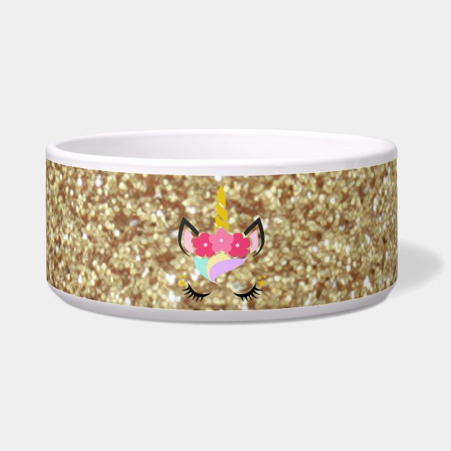 Personalised Unicorn Gold Glitter Pet Bowls (Front)