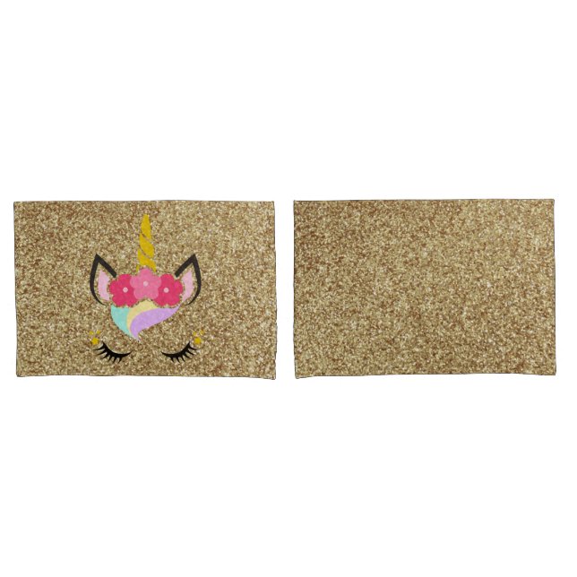Personalised Unicorn Gold Glitter Pillow Cases (Front-Set)