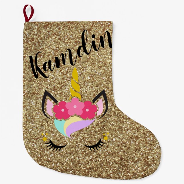 Personalised Unicorn Gold Glitter Stocking (Front)