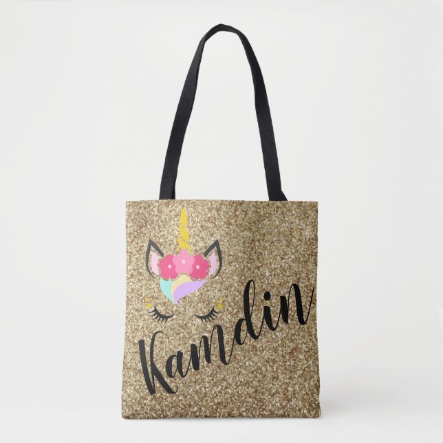 Personalised Unicorn Gold Glitter Tote Bag (Front)