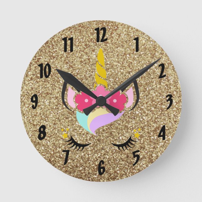 Personalised Unicorn Gold Glitter Wall Clock (Front)