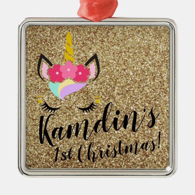 Personalised Unicorn Gold Glitter XMAS Ornament (Front)