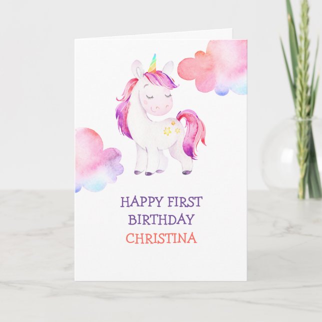 Personalised Unicorn Happy Birthday Girls Card (Front)