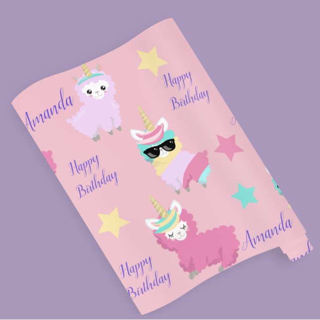 Personalised Unicorn Llama Happy Birthday Wrapping Paper (Creator Uploaded)