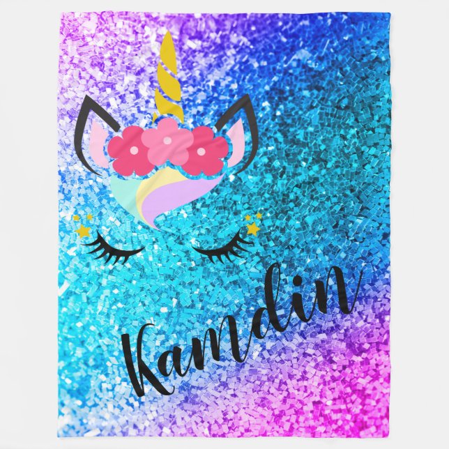 Personalised Unicorn Ombre Glitter Fleece Throw (Front)