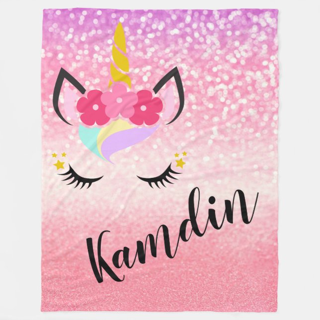 Personalised Unicorn Ombre Glitter Fleece Throw Blanket (Front)