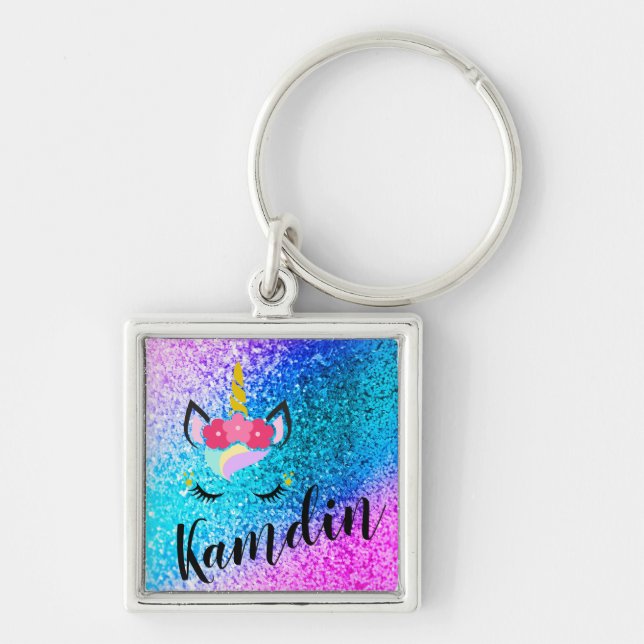 Personalised Unicorn Ombre Glitter Key Chain (Front)