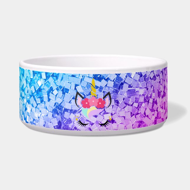 Personalised Unicorn Ombre Glitter Pet Bowls (Front)