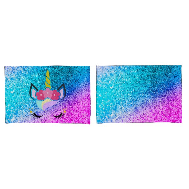 Personalised Unicorn Ombre Glitter Pillow Cases (Front-Set)