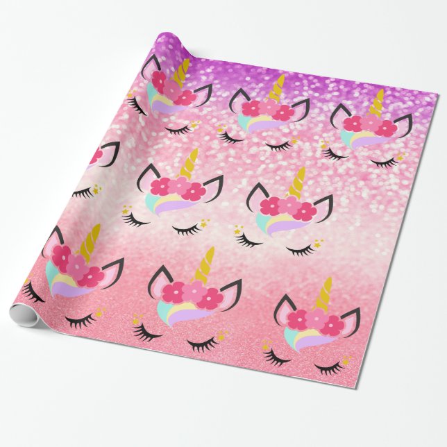 Personalised Unicorn Ombre Glitter Wrapping Paper (Unrolled)