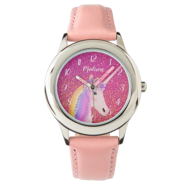 Personalised Unicorn Pink Glitter Sparkle Kid's Watch (Front)