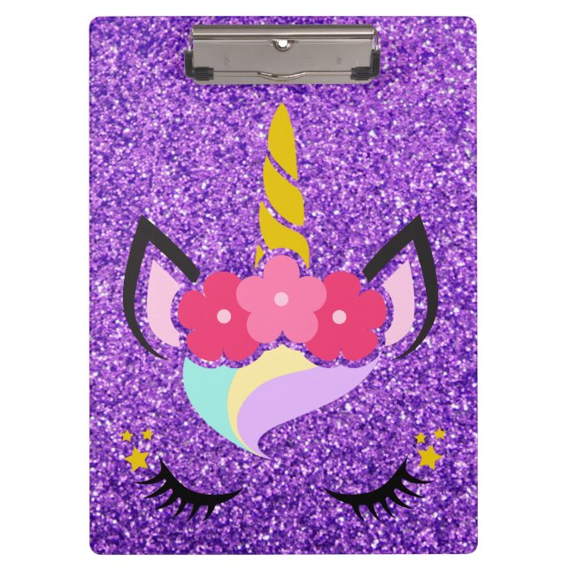 Personalised Unicorn Purple Glitter Clip Board (Front)