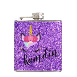 Personalised Unicorn Purple Glitter Flask