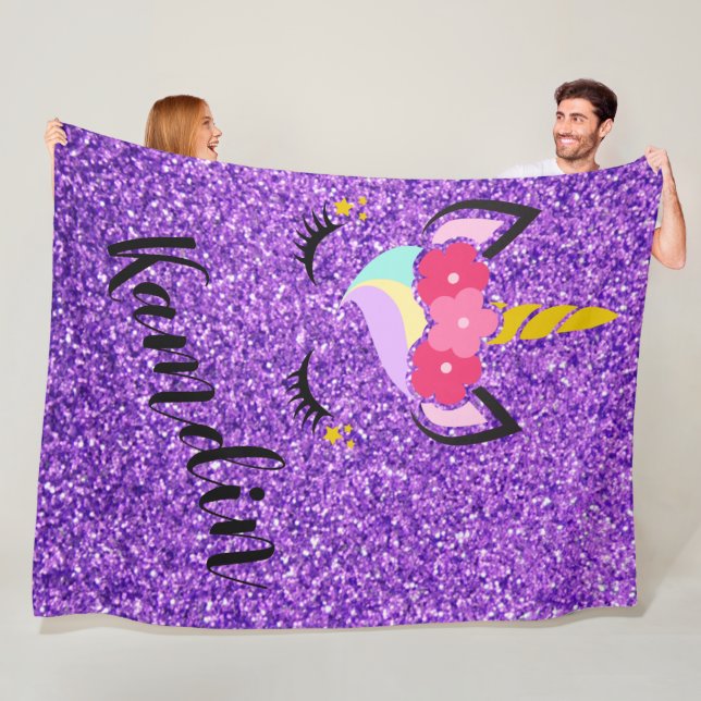 Personalised Unicorn Purple Glitter Fleece Throw (In Situ)