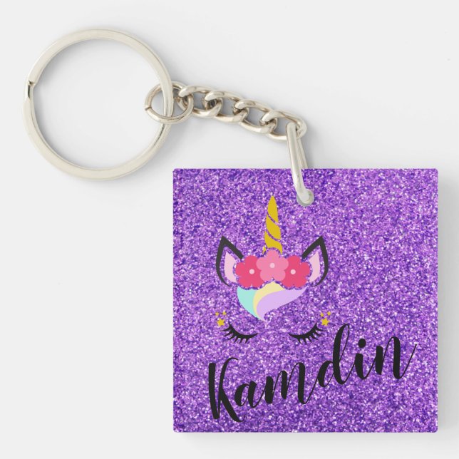 Personalised Unicorn Purple Glitter Key Chain (Front)