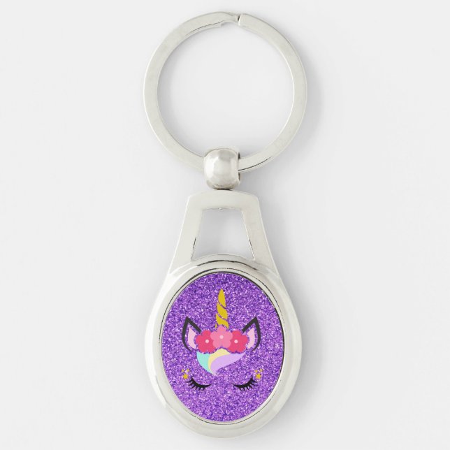 Personalised Unicorn Purple Glitter Key Chain (Front)