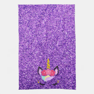 Personalised Unicorn Purple Glitter Kitchen Towel