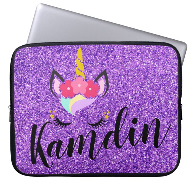 Personalised Unicorn Purple Glitter Laptop Case (Front)