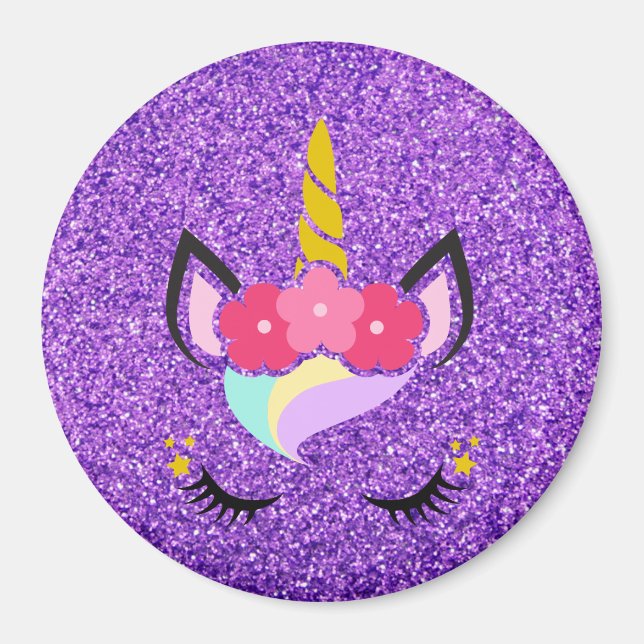 Personalised Unicorn Purple Glitter Magnet (Front)