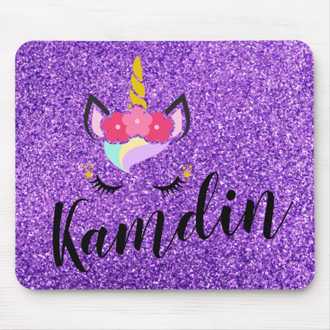 Personalised Unicorn Purple Glitter Mouse Pad (Front)