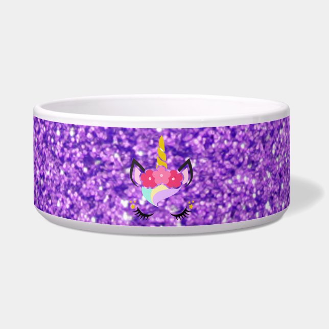 Personalised Unicorn Purple Glitter Pet Bowls (Front)