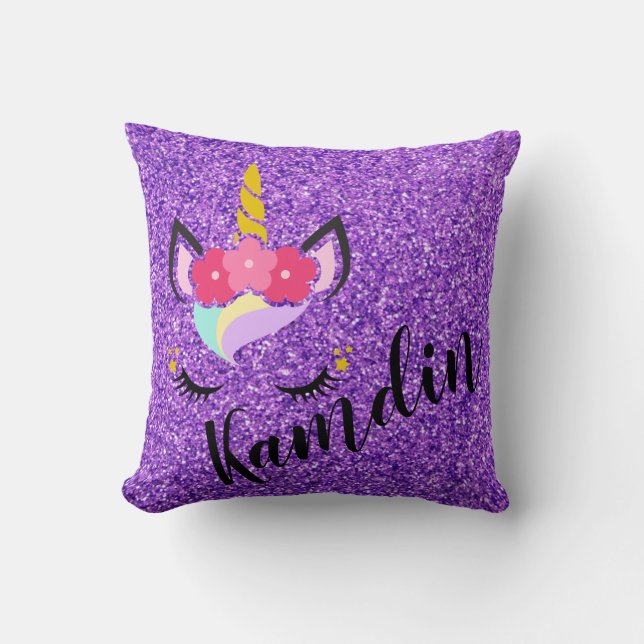 Personalised Unicorn Purple Glitter Pillow (Front)