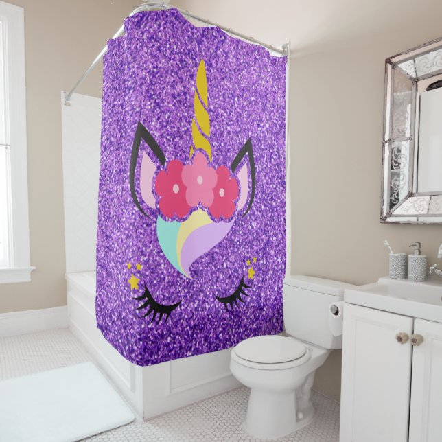 Personalised Unicorn Purple Glitter Shower Curtain (In Situ)