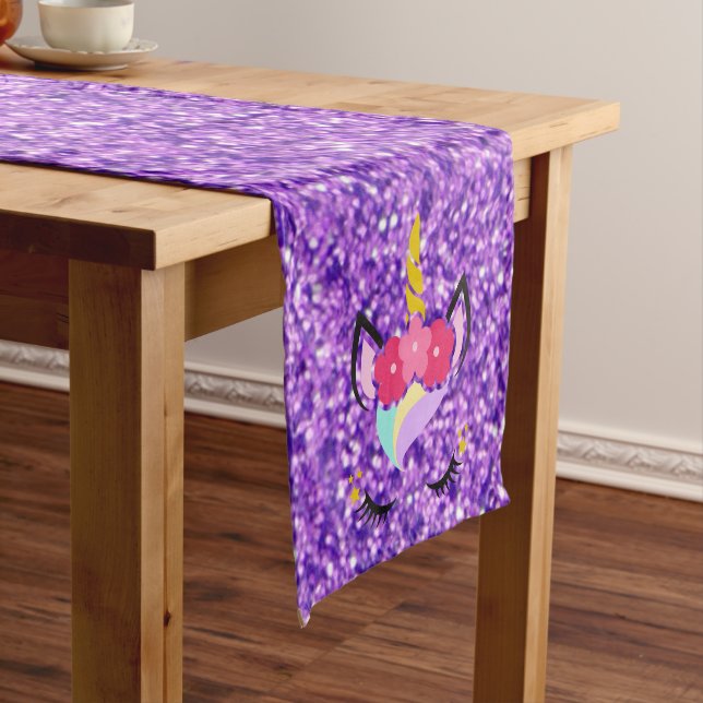 Personalised Unicorn Purple Glitter Table Runner (In Situ)
