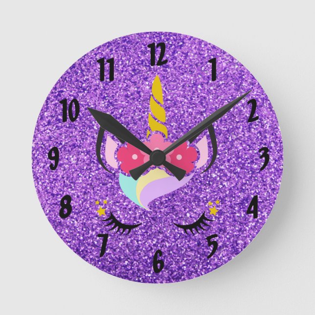Personalised Unicorn Purple Glitter Wall Clock (Front)