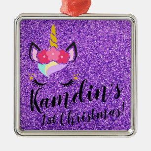 Personalised Unicorn Purple Glitter XMAS Ornament