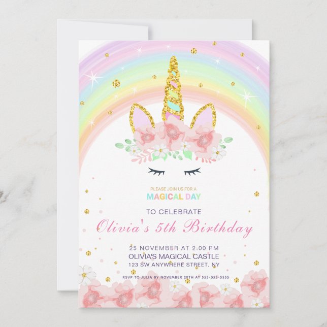 Personalised Unicorn Rainbow Birthday Invitation (Front)