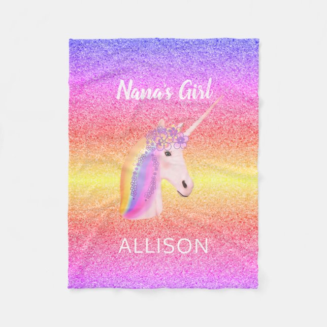 Personalised Unicorn Rainbow Glitter Nanas Girl Fleece Blanket (Front)