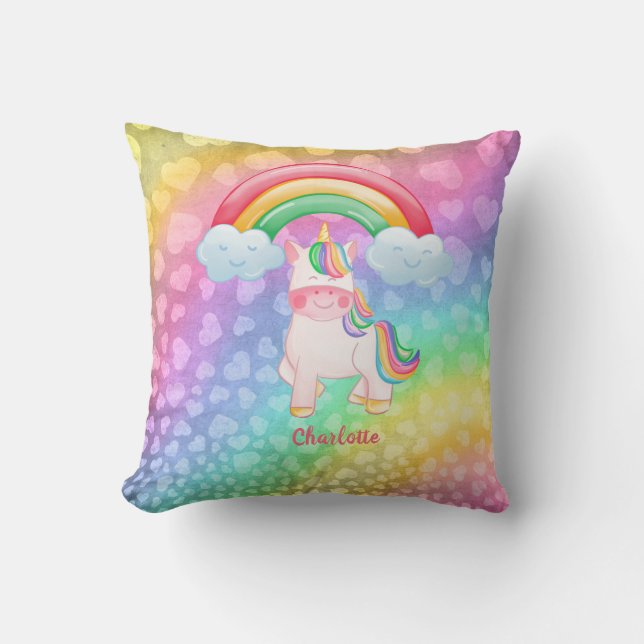Personalised Unicorn Rainbow Hearts Cushion (Front)