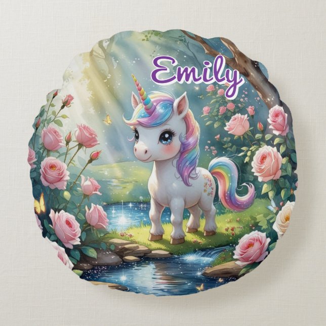 Personalised Unicorn Round Pillow – Rose Forest (Front)