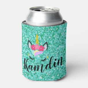 Personalised Unicorn Teal Glitt Koozie Can Holder