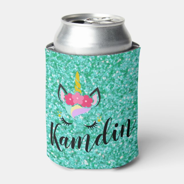 Personalised Unicorn Teal Glitt Koozie Can Holder (Can Front)