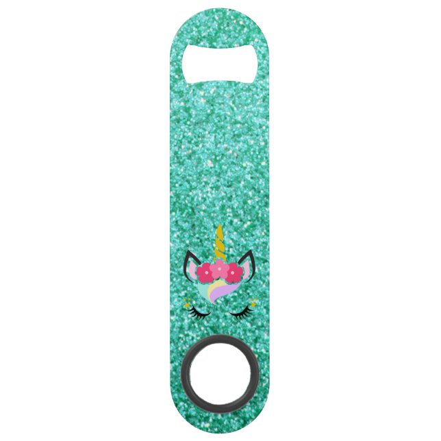 Personalised Unicorn Teal Glitter Bottle Opene (Front)