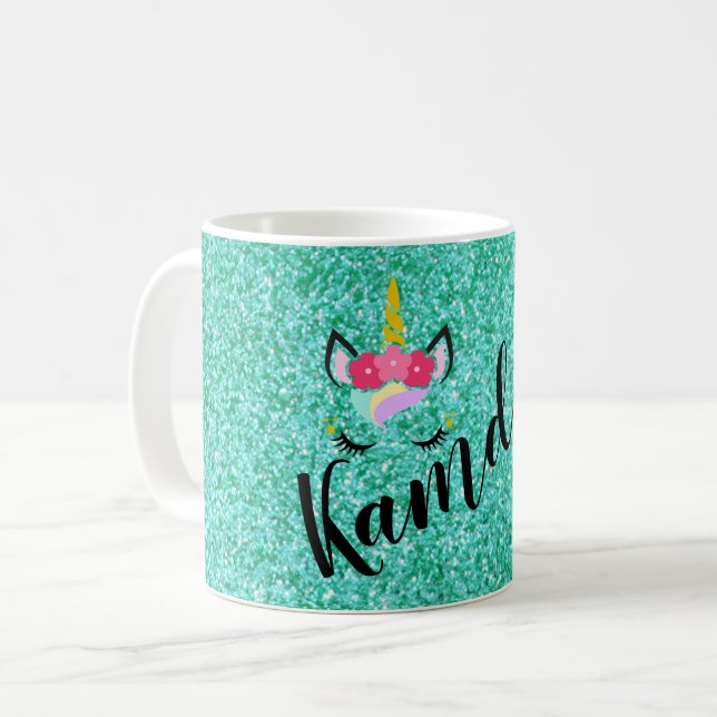 Personalised Unicorn Teal Glitter Coffee Mug (Front Left)